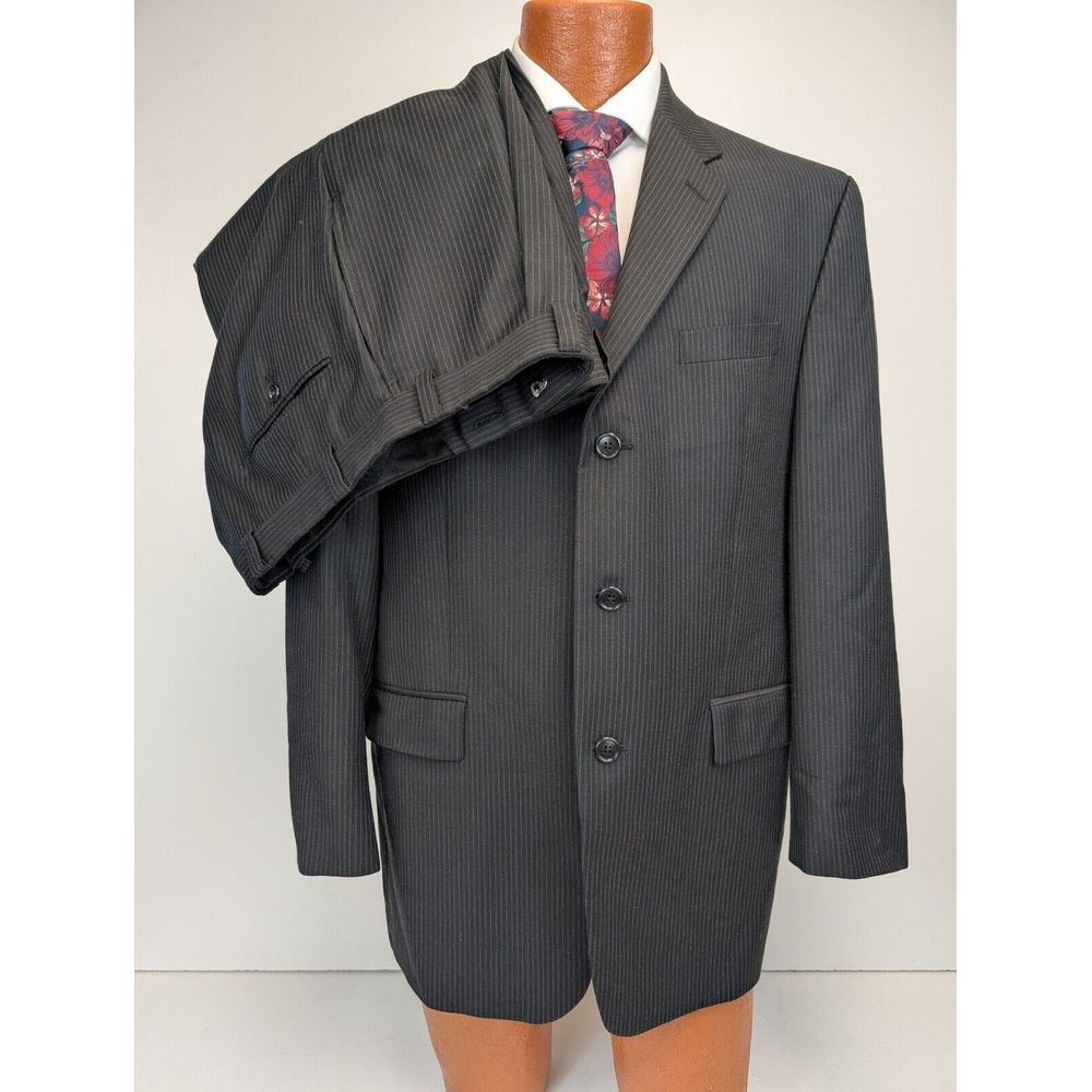 Calvin Klein Black Pinstriped 2 Piece Suit Size 42R Pleated Pants 36x29
